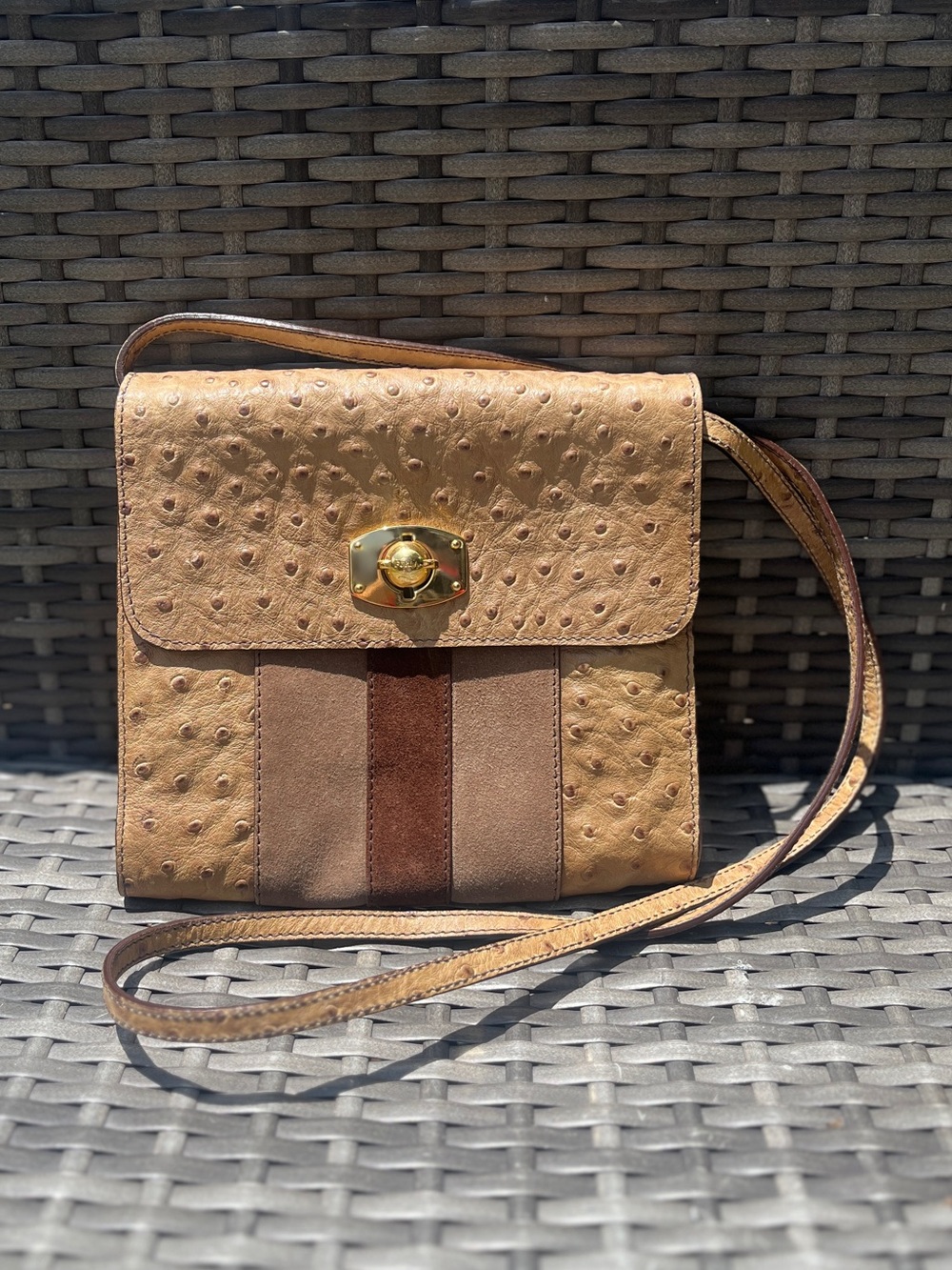Furla RARE  Camel & Tan Brown Ostrich Leather w/ Suede Center Strip Turnlock Bag